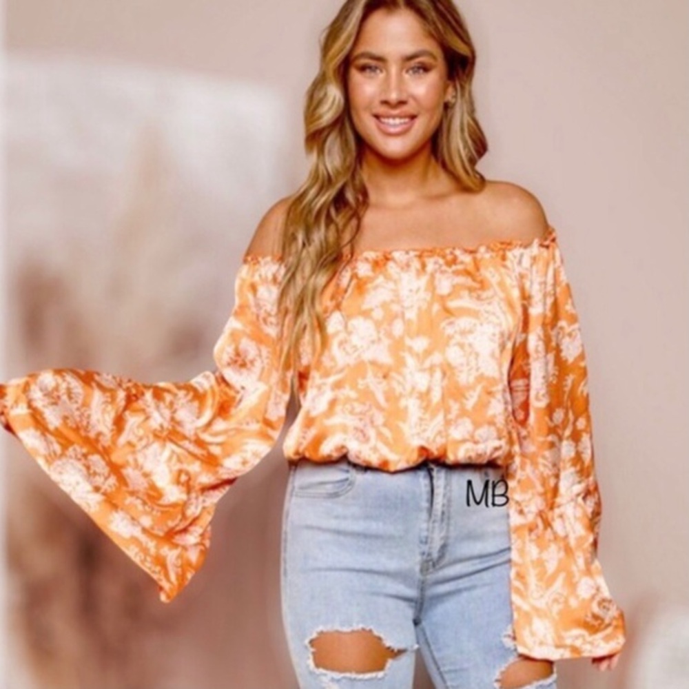 Orange Spring Floral Crop Top Blouse